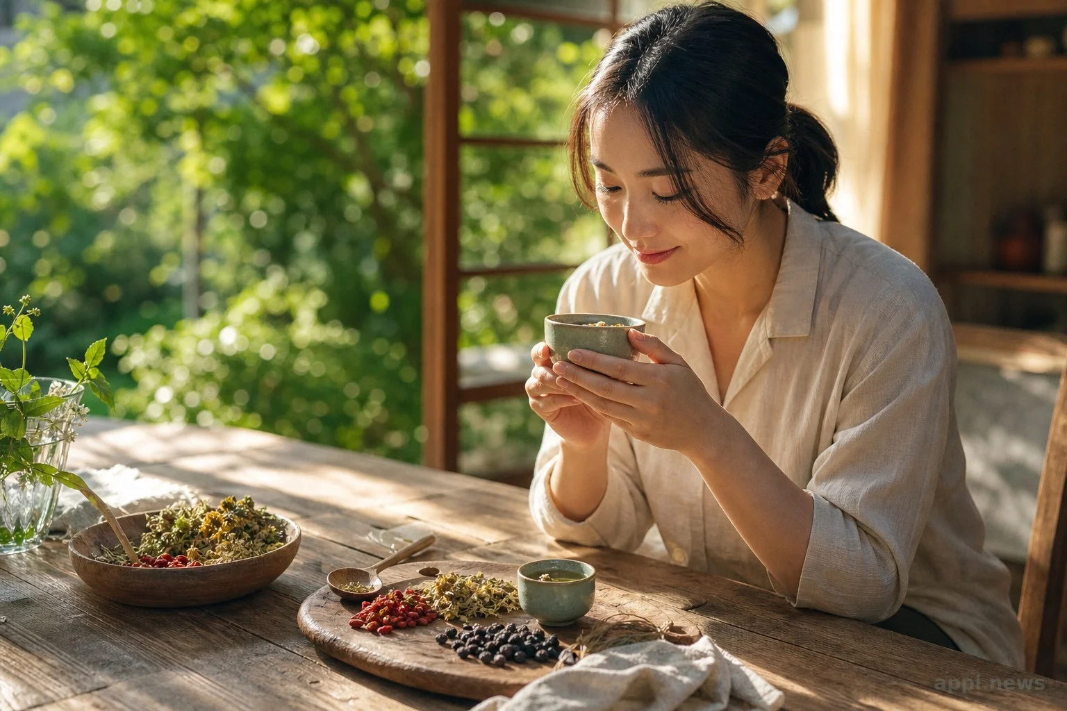 枸杞、菊花與黑醋栗環繞著一杯溫熱花草茶的平拍照
