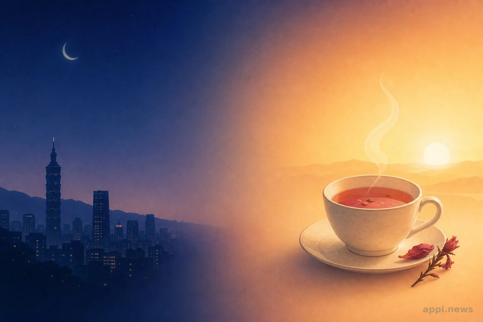 從深夜城市剪影過渡到晨間茶杯的插畫，象徵熬夜後的溫和調理