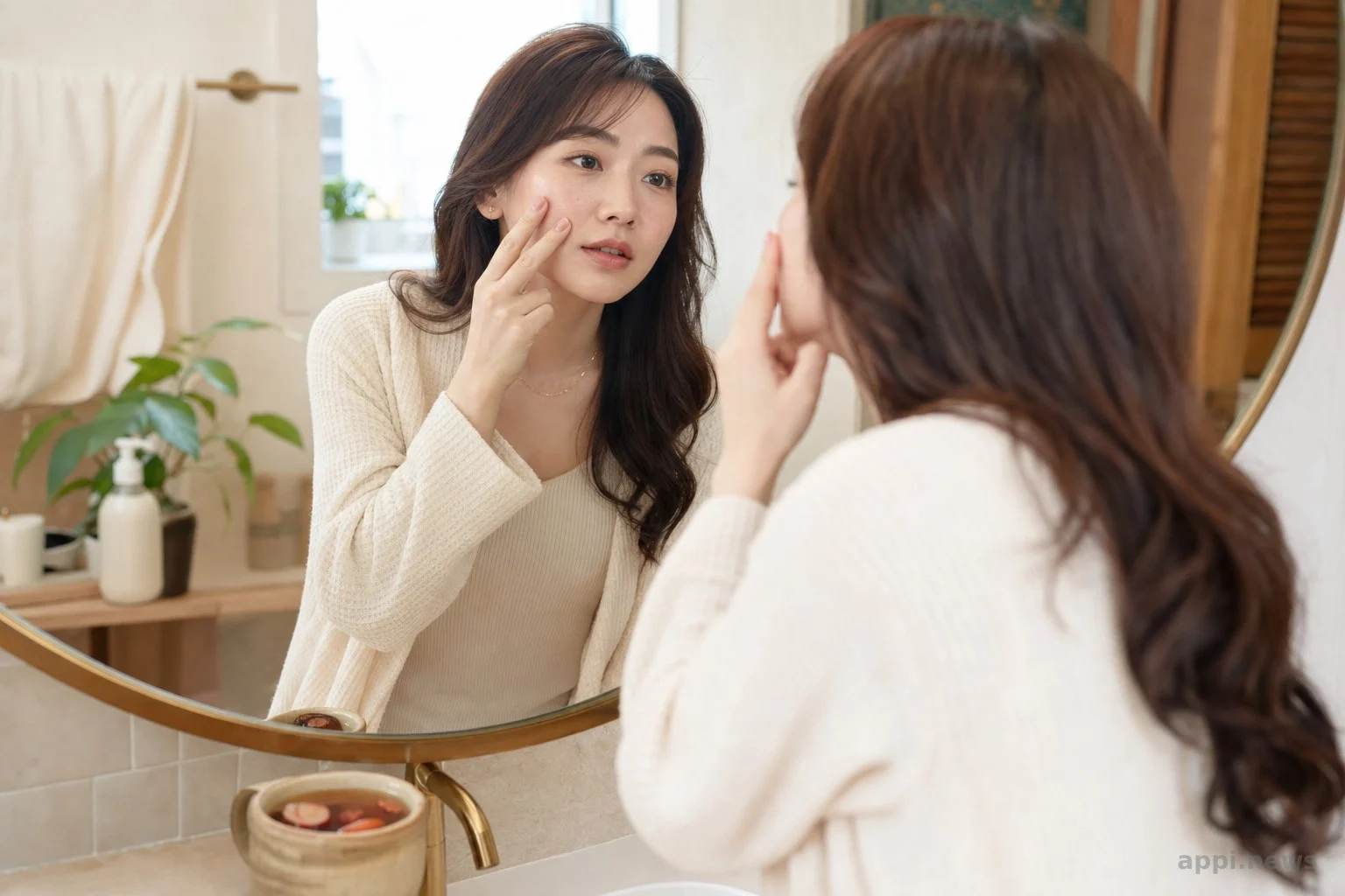 女性在浴室鏡子前檢視自己氣色的畫面