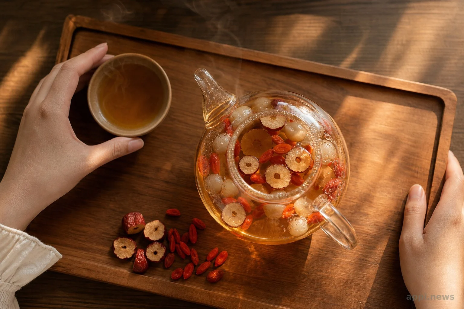 紅棗、枸杞與桂圓一起沖泡成茶飲的畫面