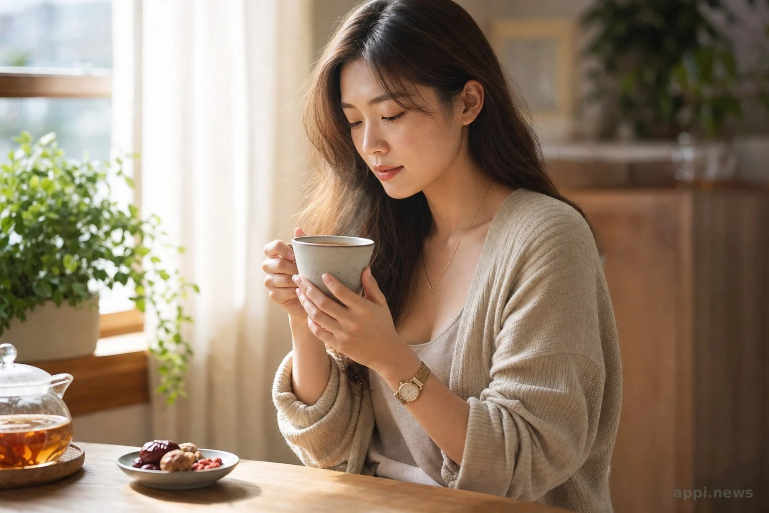 女性早晨在窗邊捧著溫熱茶飲的放鬆畫面