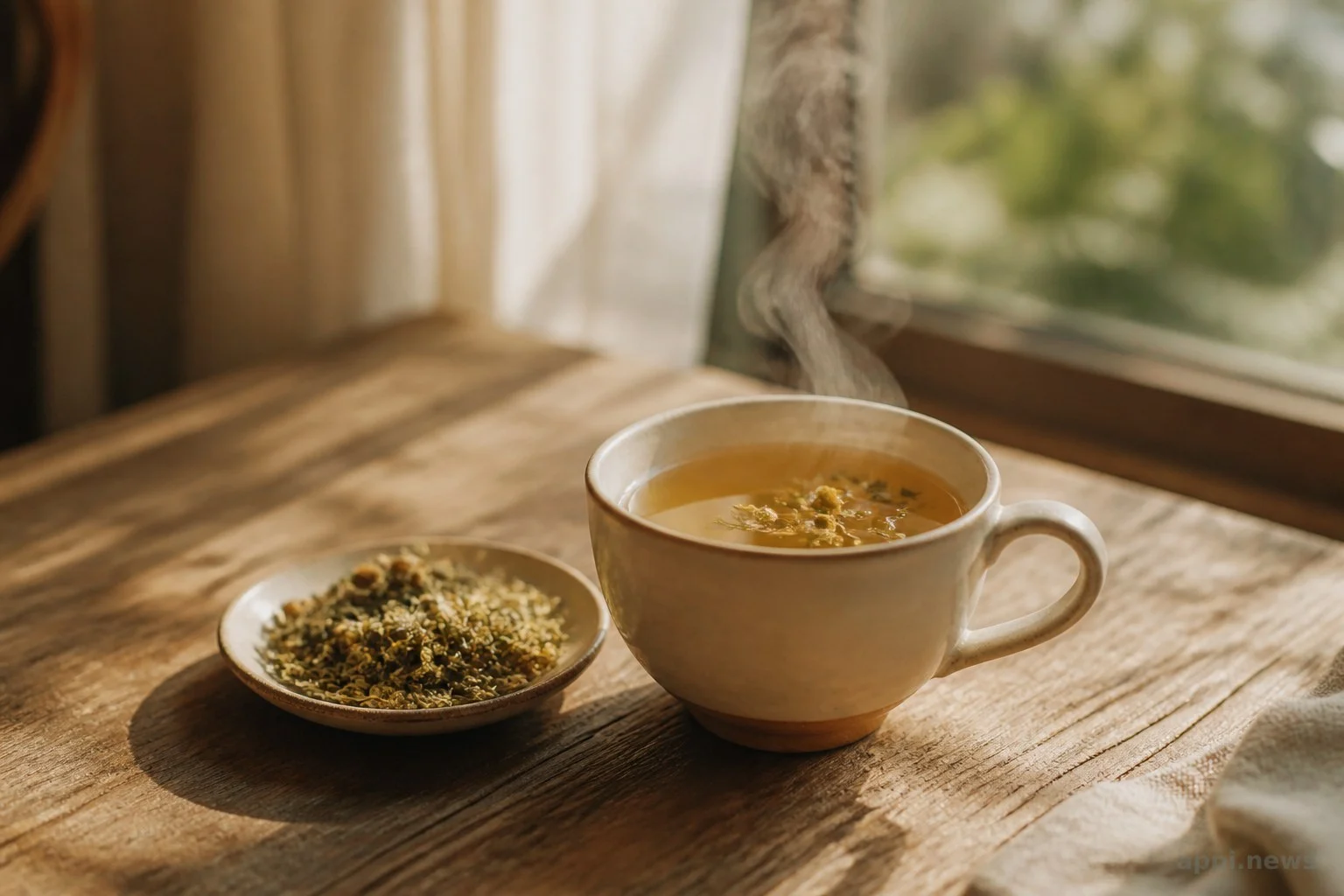 一杯溫熱花草茶放在木桌上，窗邊自然光線，營造溫暖安心的氛圍