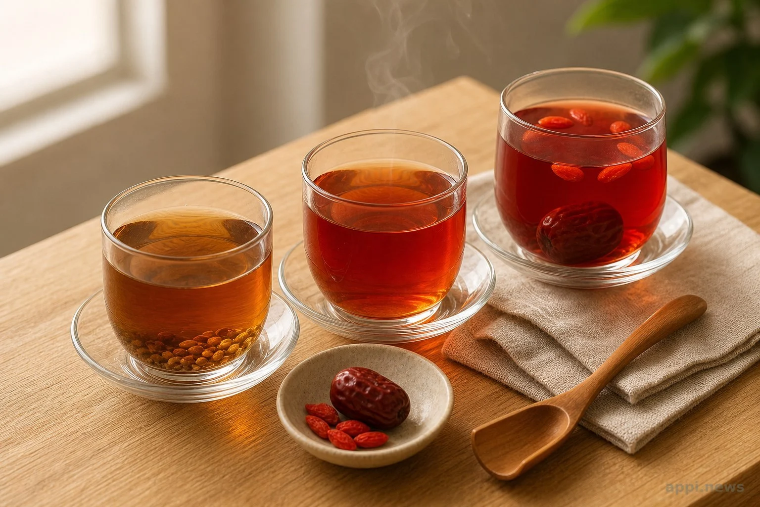 三種無咖啡因茶飲並排在桌上：麥茶、南非國寶茶與紅棗枸杞茶