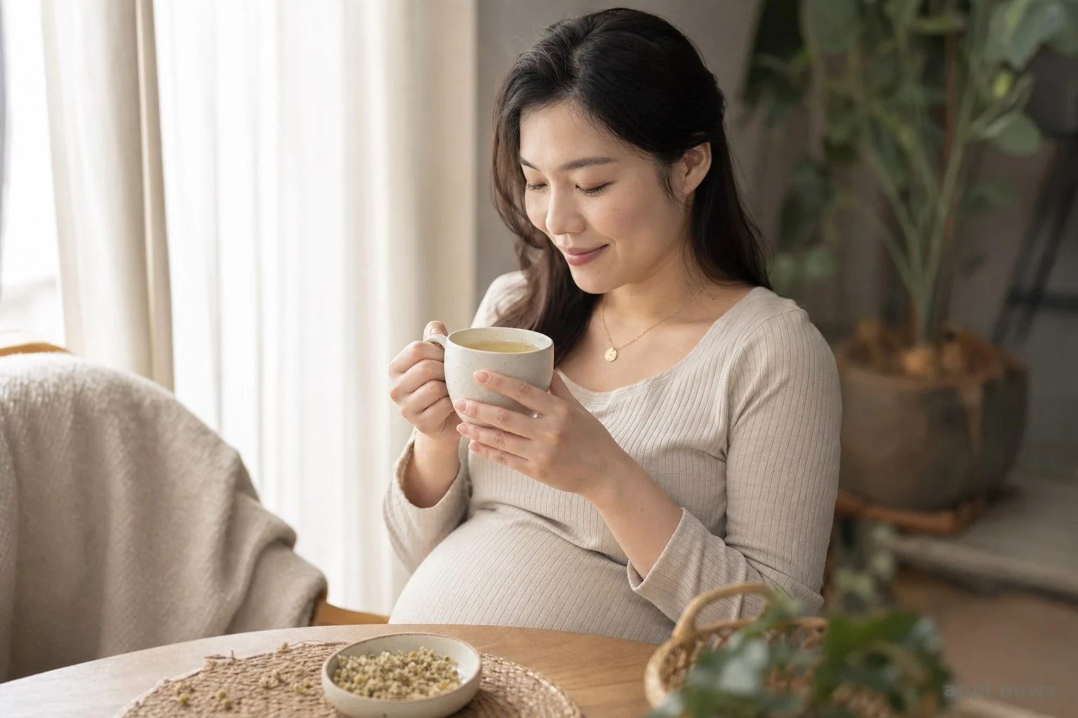 孕婦在家中溫柔地捧著一杯無咖啡因花草茶，畫面氛圍溫暖安心