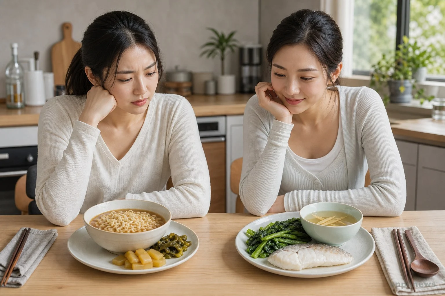 示意圖比較高鈉加工食物與清淡飲食的差異，說明飲食選擇對經前水腫的影響
