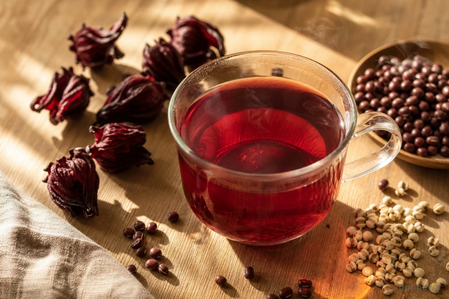 桌面上擺放著洛神花茶與紅豆薏仁食材，呈現溫和茶飲的日常氛圍
