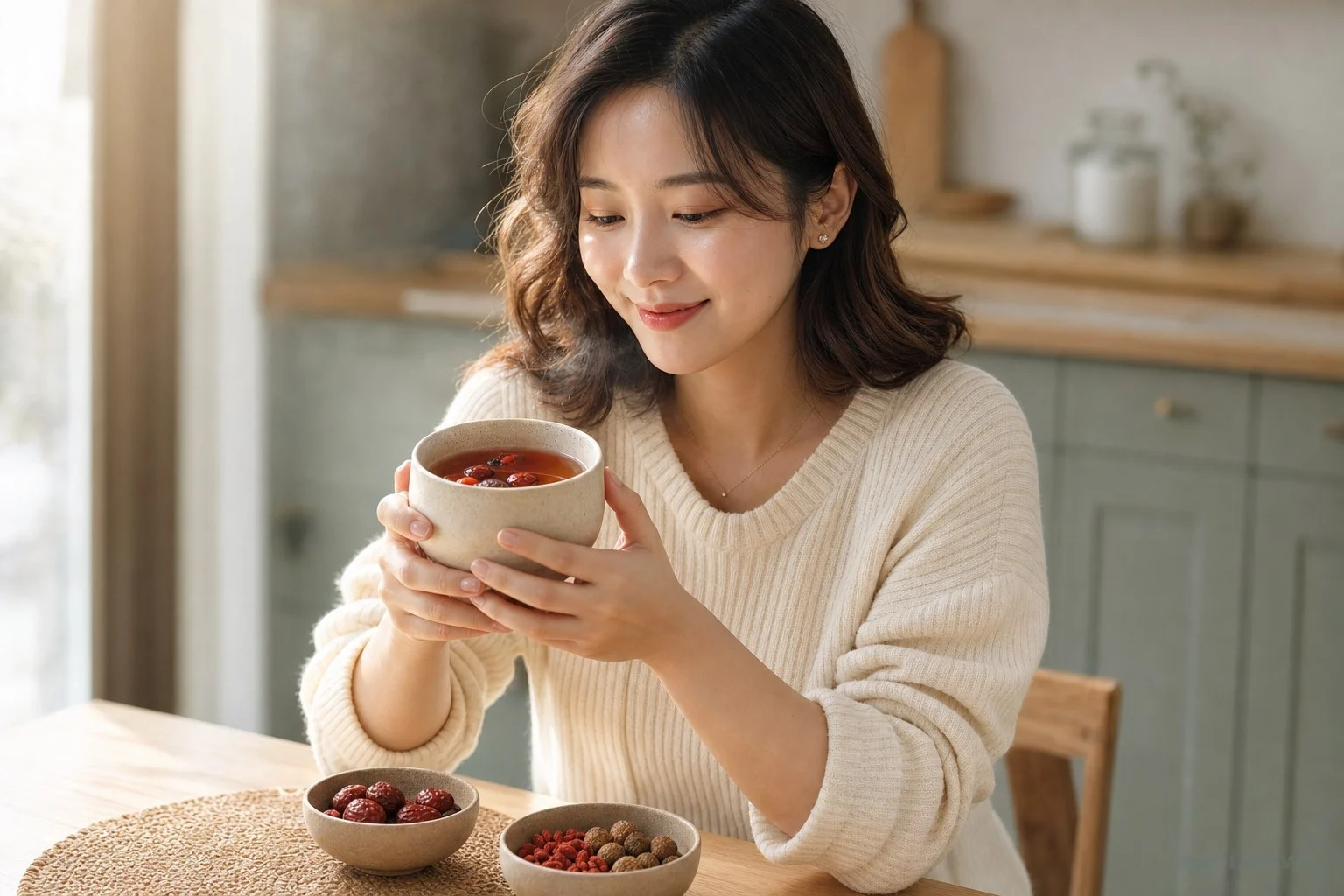 台灣女性在家中廚房手捧溫熱的紅棗枸杞茶,桌上擺著乾燥紅棗與枸杞