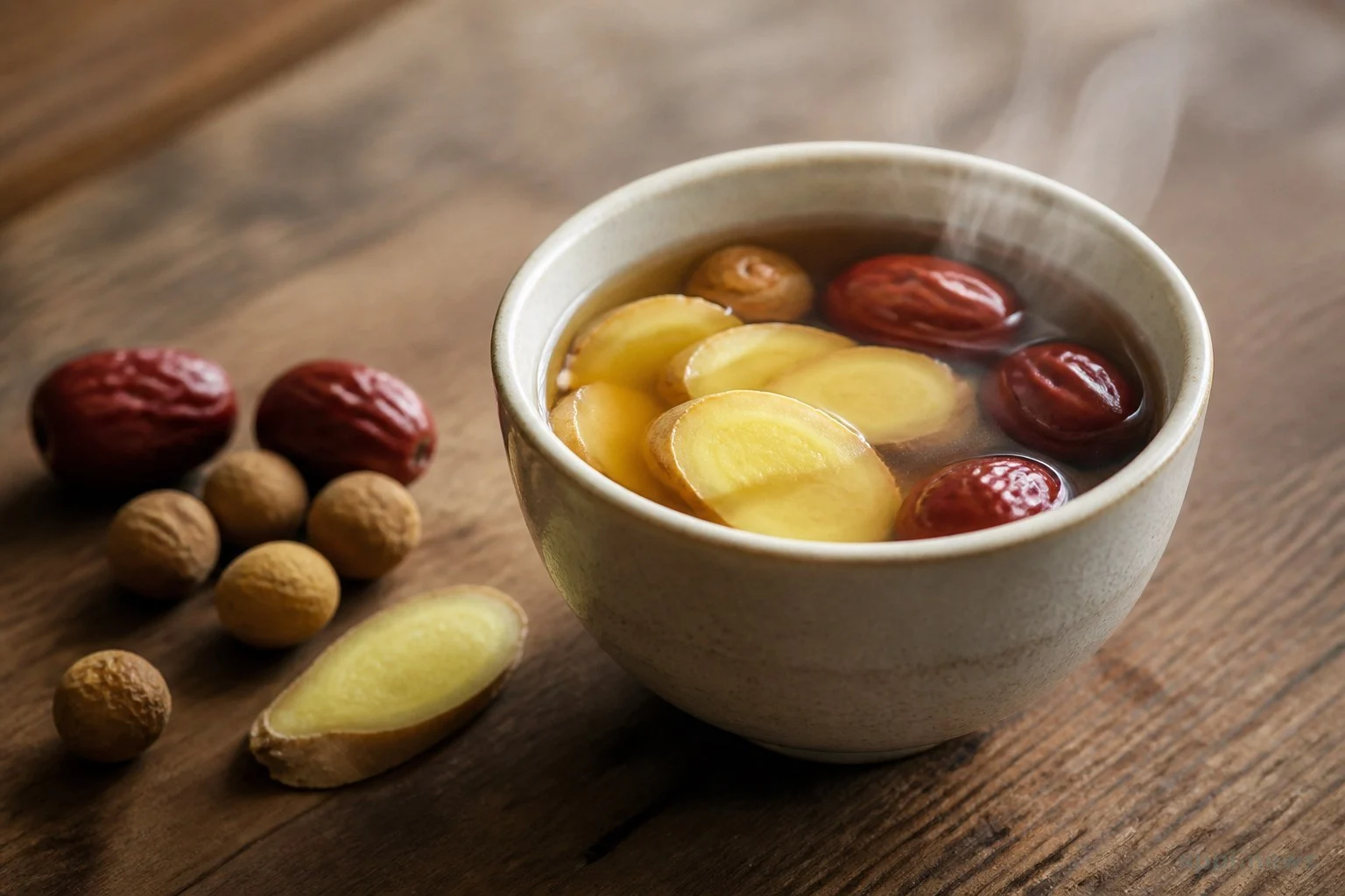特寫紅棗桂圓薑茶,可見薑片、紅棗與桂圓在琥珀色茶湯中