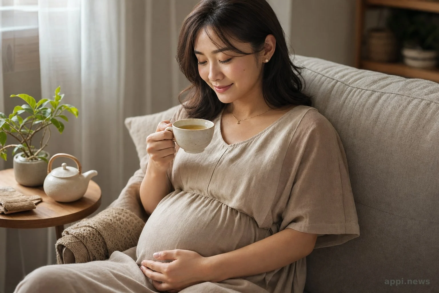 孕婦在家中沙發上安靜地喝著溫水或淡茶,神情放鬆
