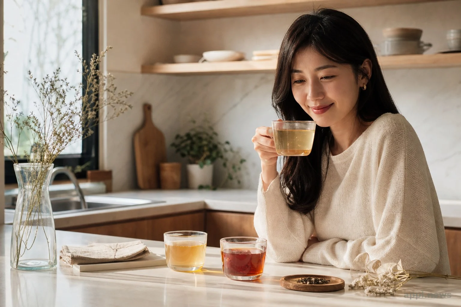 廚房檯面上並排幾杯不同顏色的無咖啡因茶飲,麥茶、南非國寶茶與淡黃花草茶