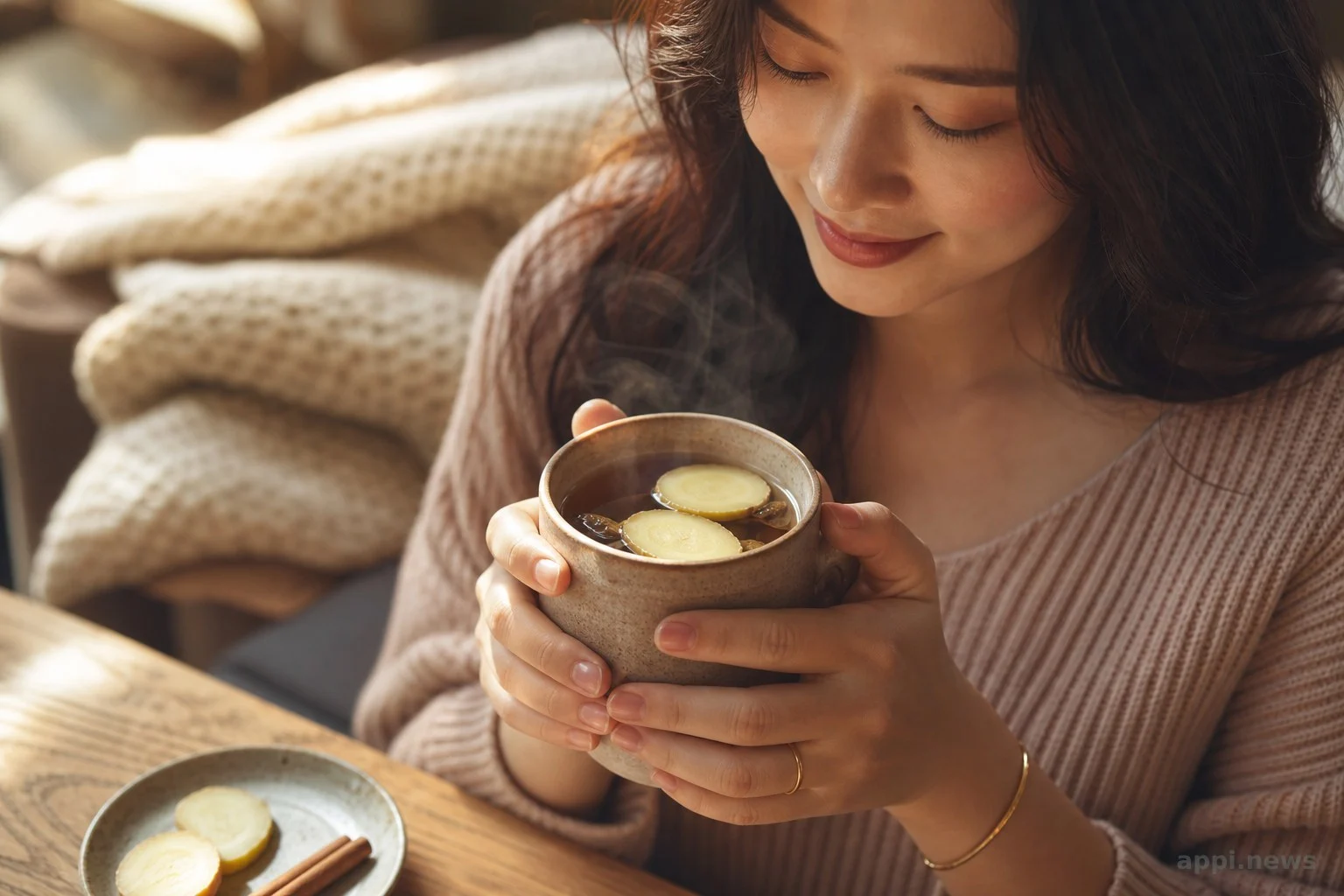 女性雙手捧著溫熱薑茶，蒸氣裊裊，居家溫暖情境