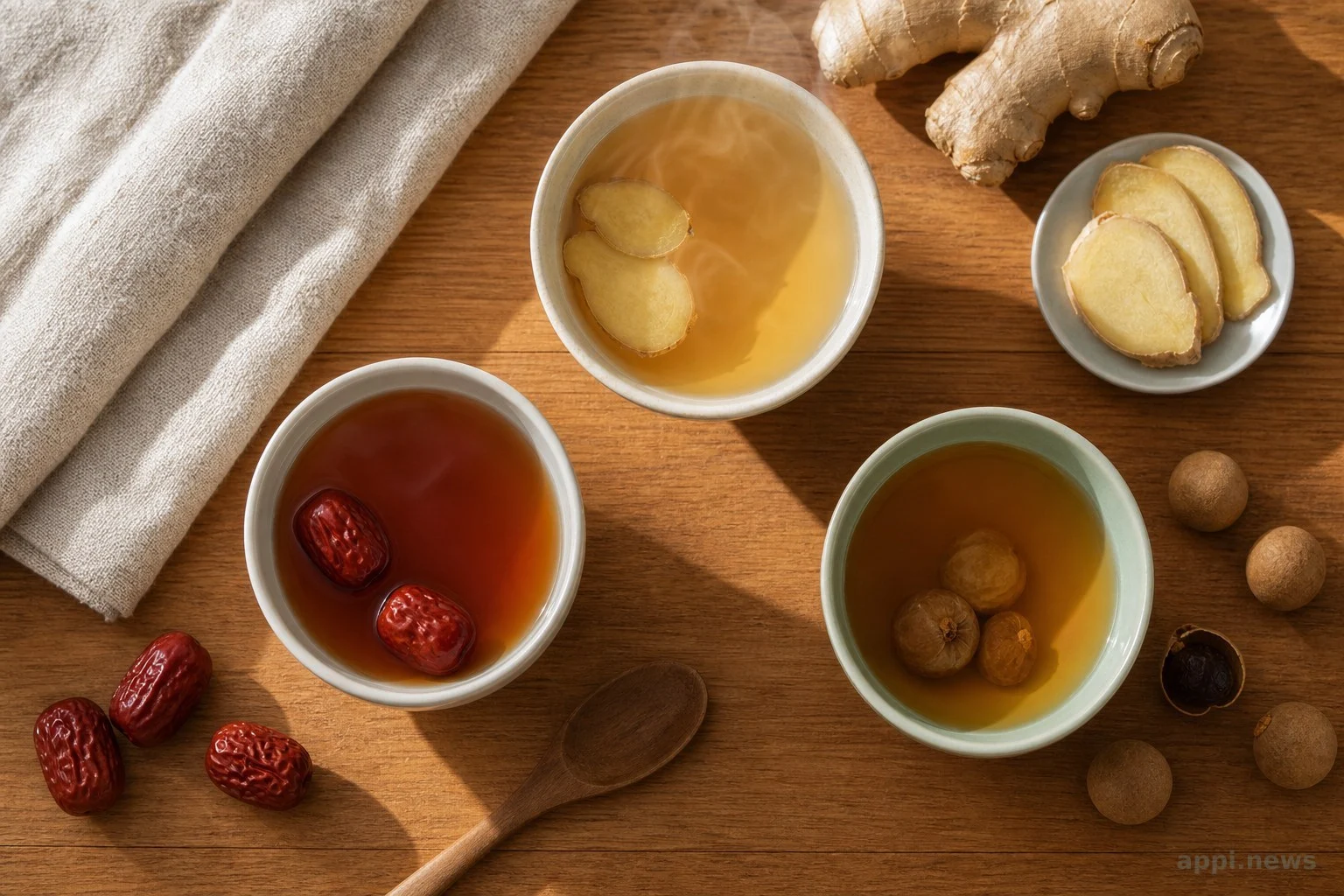 幾種茶飲俯視特寫：薑茶、紅棗茶與桂圓茶並排在木桌上