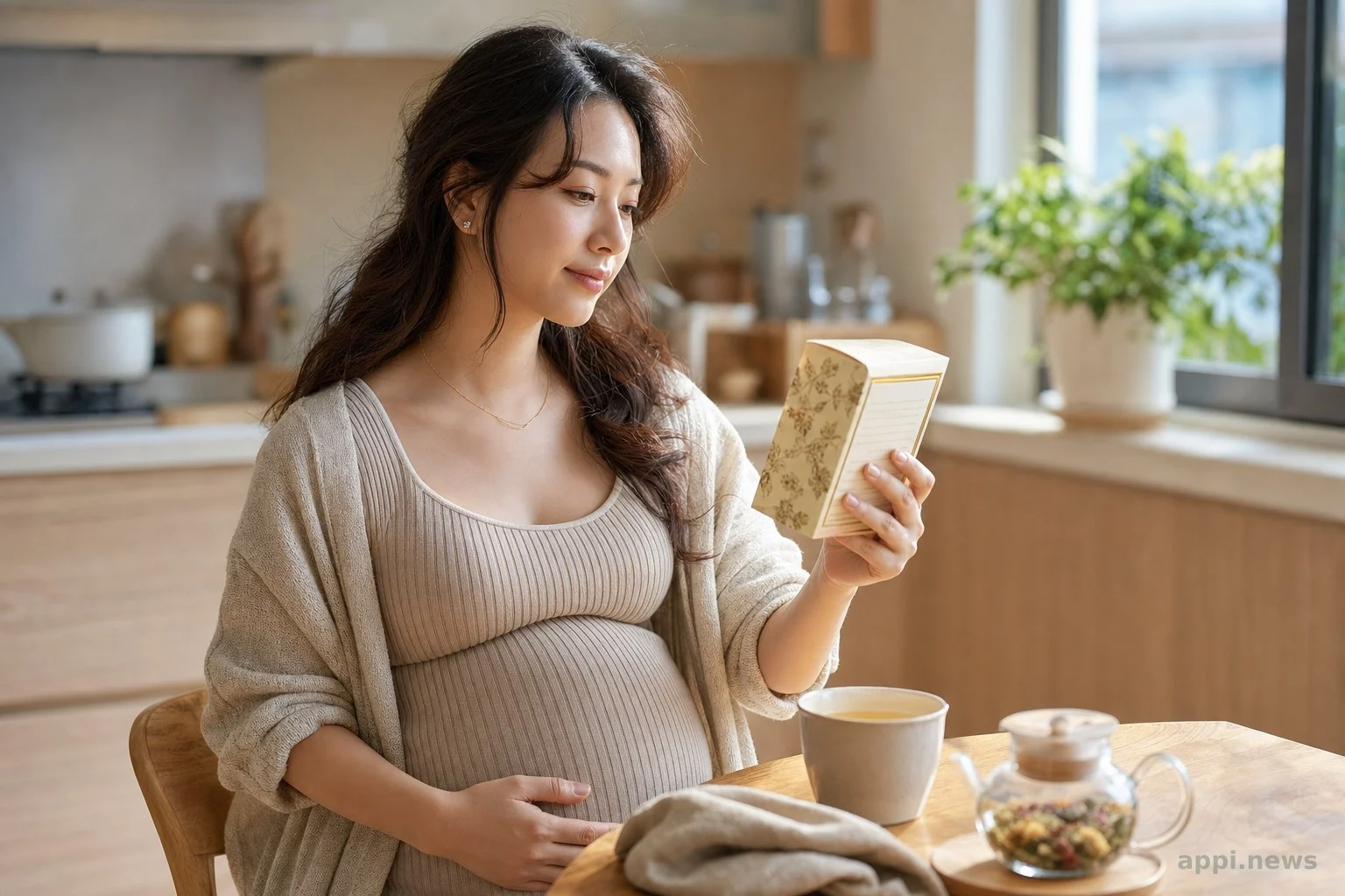 孕婦在廚房裡仔細閱讀花草茶包裝上的成分標示