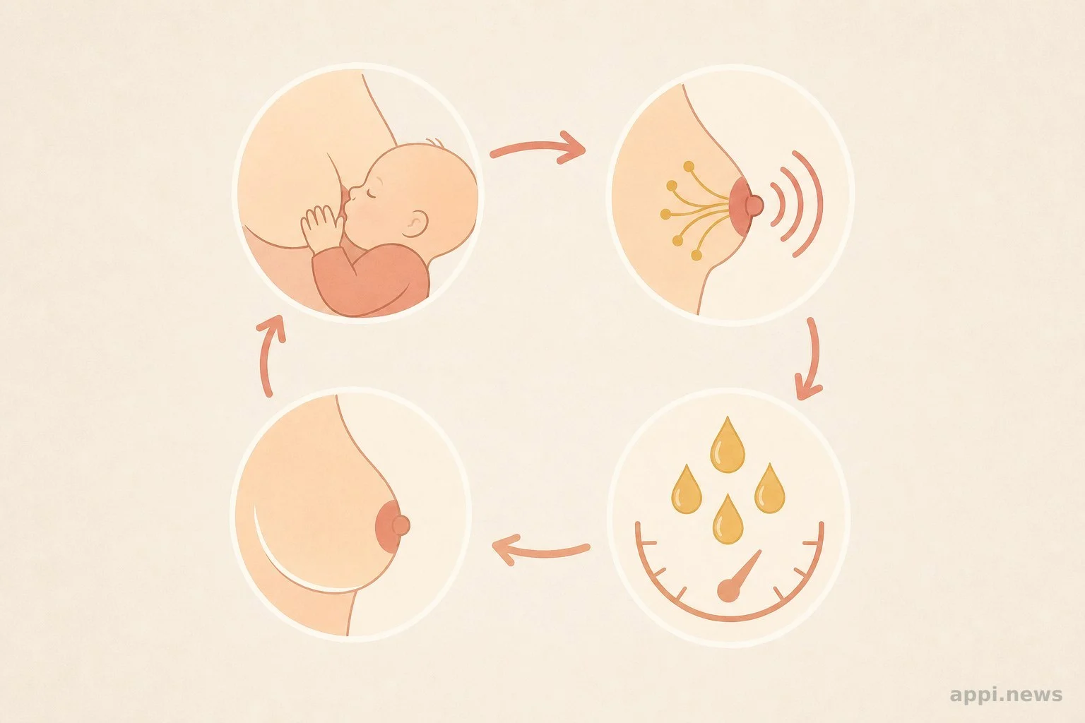 奶水供需循環機制流程圖：移出奶水促使乳房增加分泌的循環