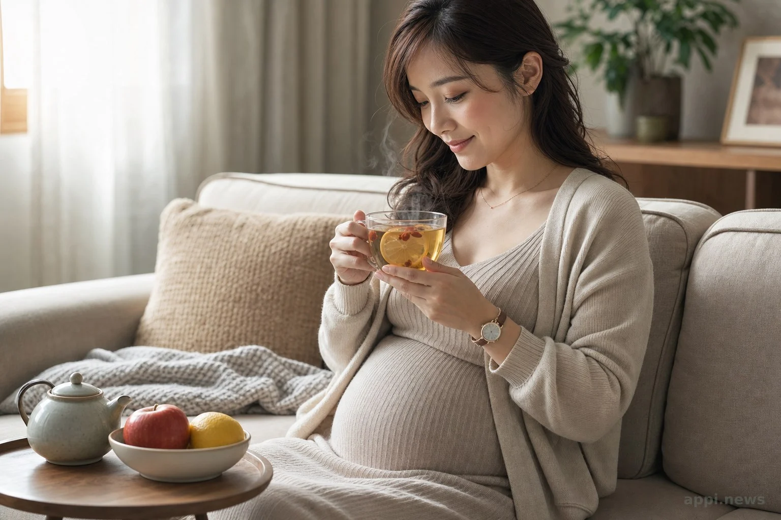 孕婦在家中沙發上手捧果茶的溫馨情境示意圖