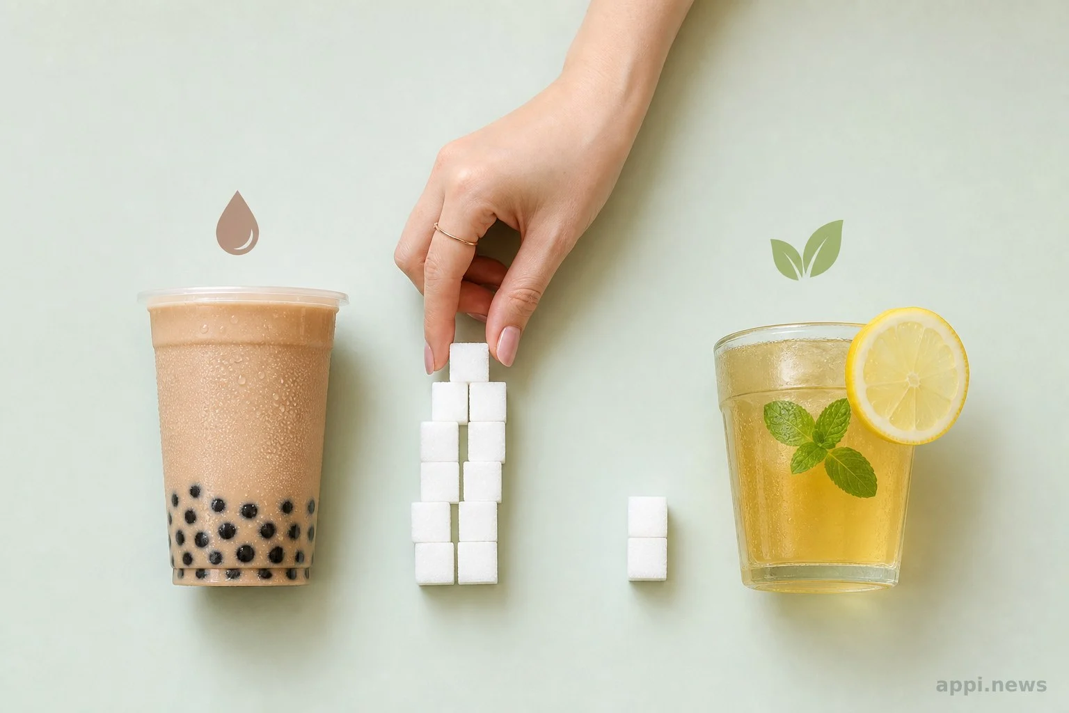 示意圖比較手搖飲與檸檬萊姆茶旁邊堆疊的方糖數量,呈現兩者糖分負擔的差異
