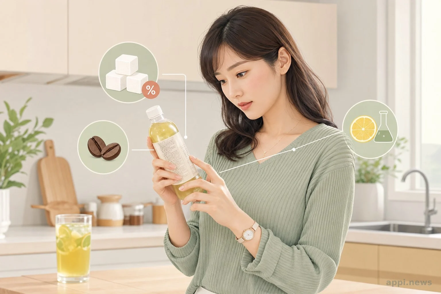 示意圖呈現一個人仔細閱讀飲料成分標示,標示出糖分、咖啡因與香料等重點項目