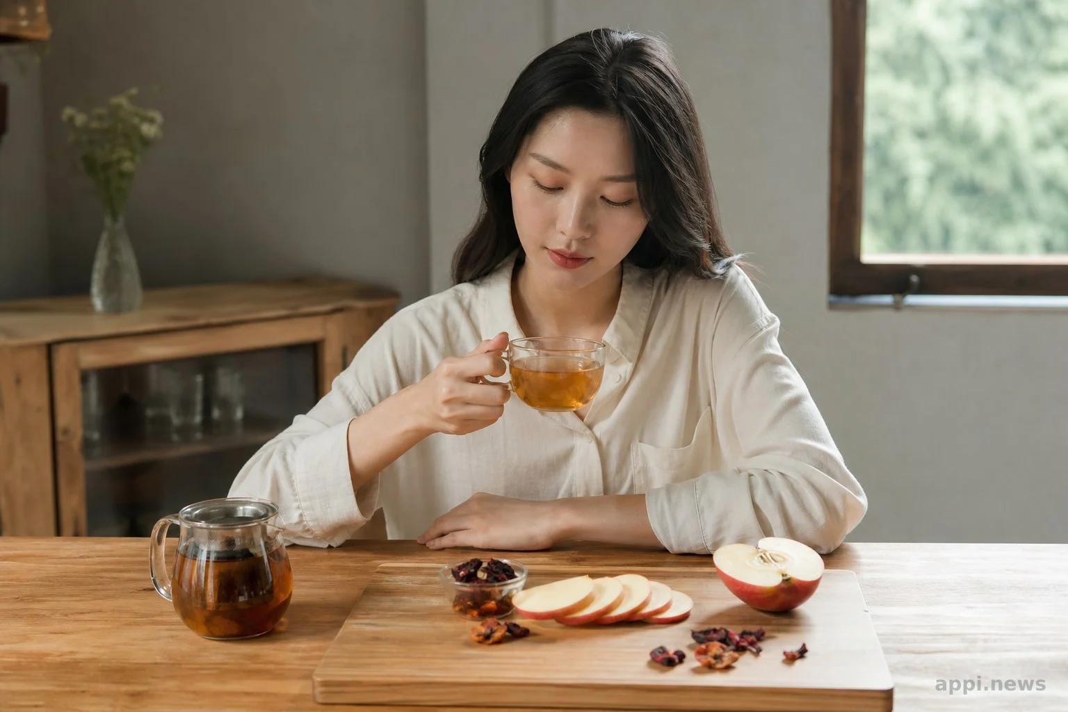 一杯淡琥珀色果茶，搭配蘋果片、玫瑰果乾與洛神花萼，自然採光的木質桌面