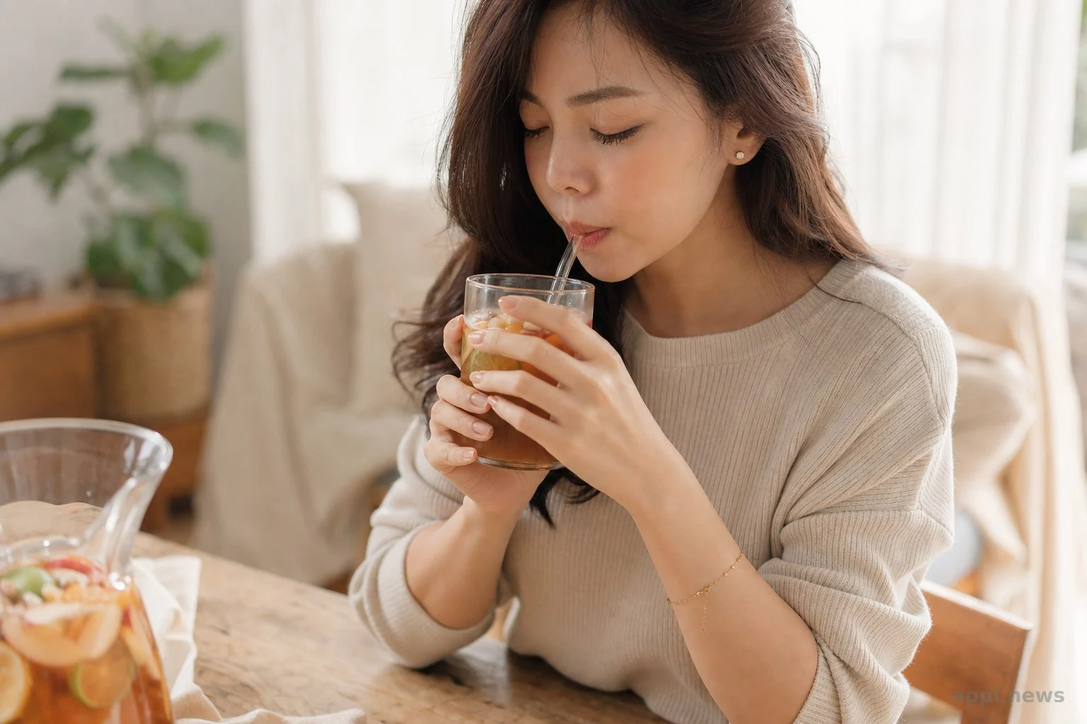 手持玻璃吸管啜飲果茶的畫面，呈現放慢飲用的方式
