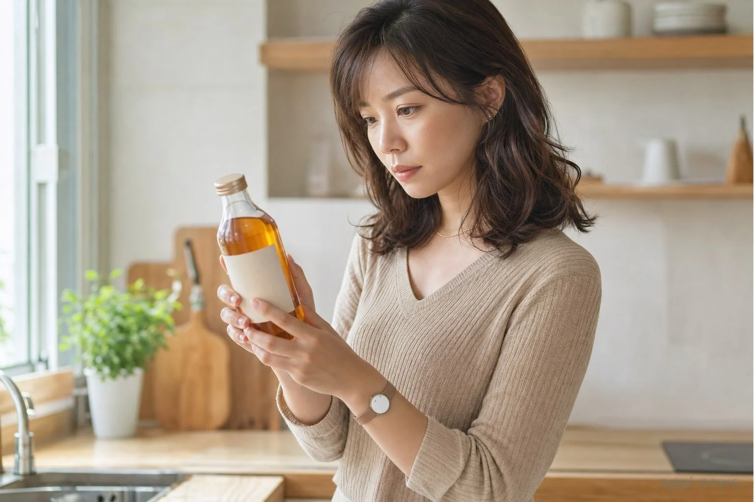 一位讀著果茶瓶身成分標示的人，專注檢視配料表