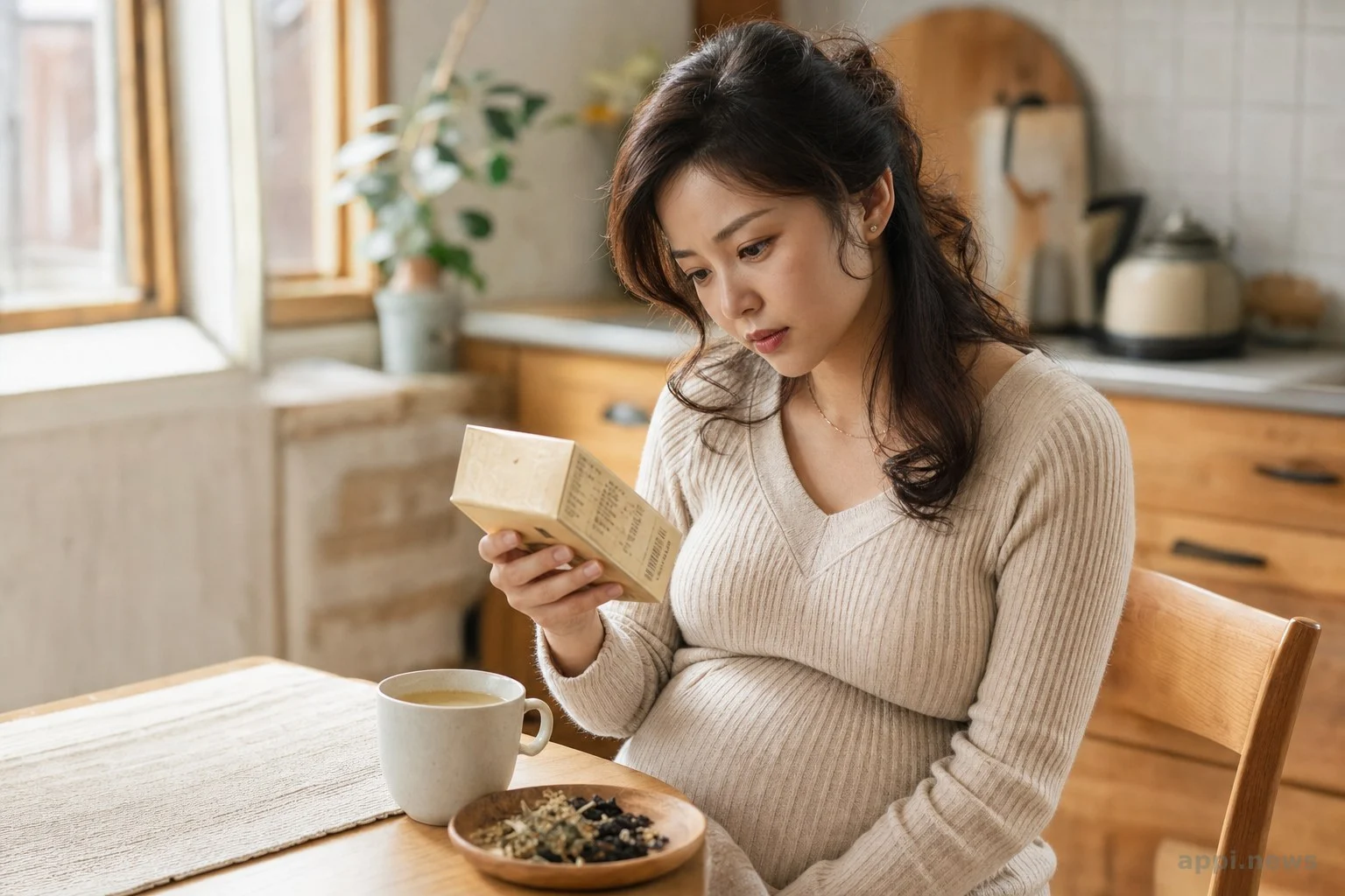 孕婦仔細閱讀花草茶包裝成分標示的畫面
