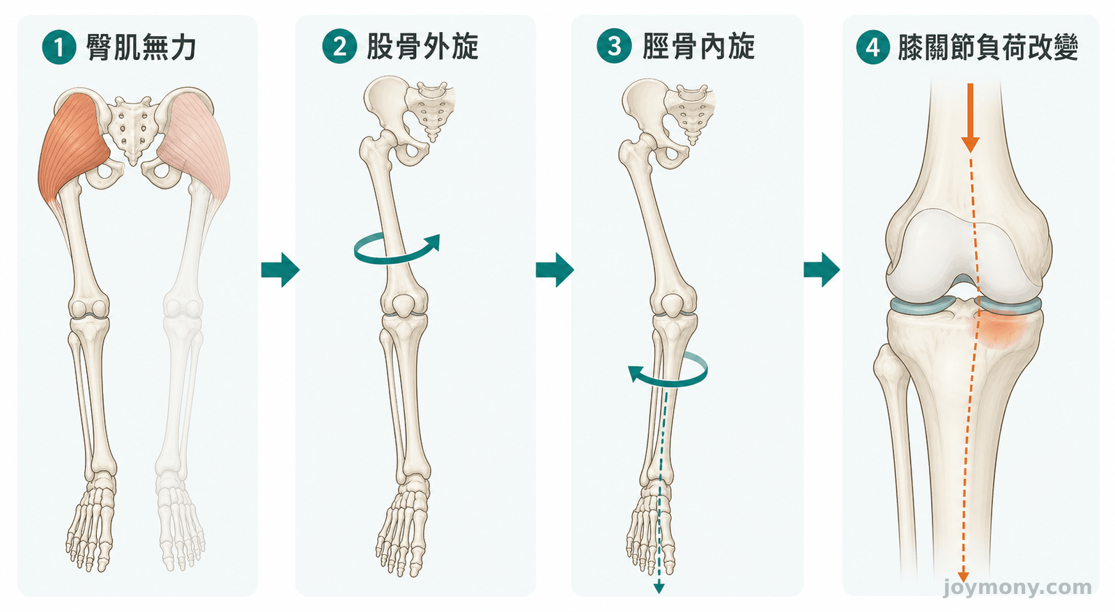 股骨外旋、脛骨內旋與臀肌無力影響膝關節負荷的力線示意