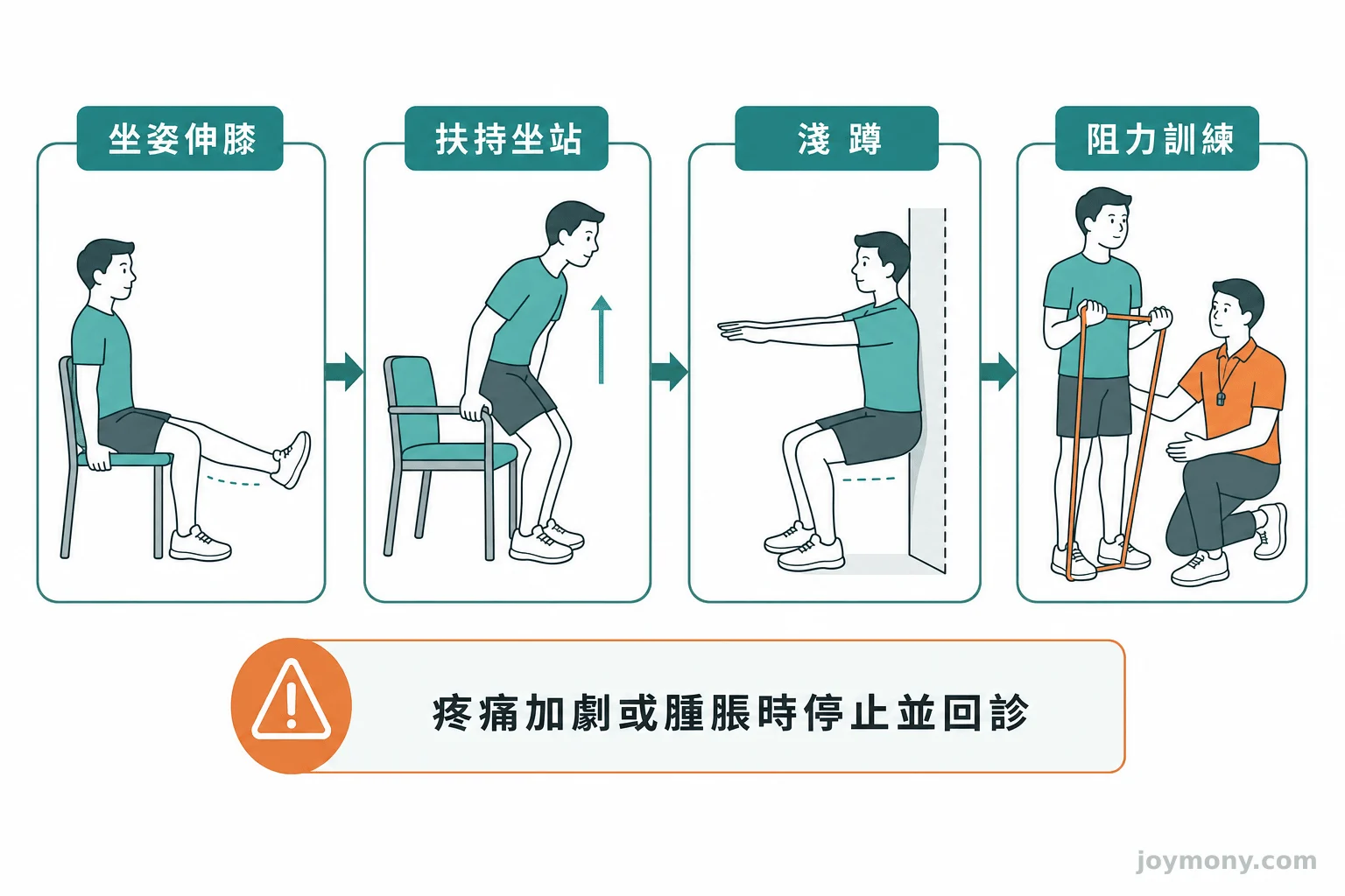 四階段進階圖依序呈現坐姿伸膝、扶持坐站、淺蹲與阻力訓練
