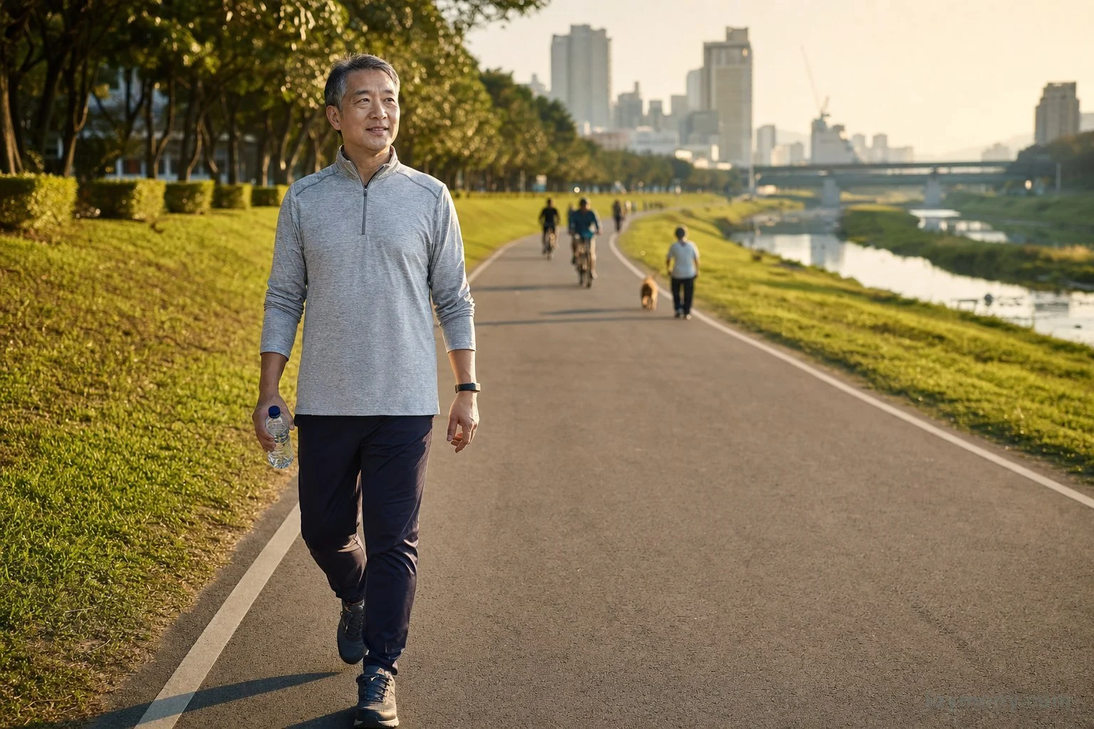 中年民眾清晨在河濱步道慢行，恢復日常活動的畫面