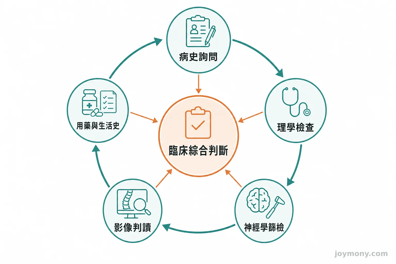 環狀流程圖呈現病史、理學檢查、神經篩檢、影像與臨床判斷互相核對