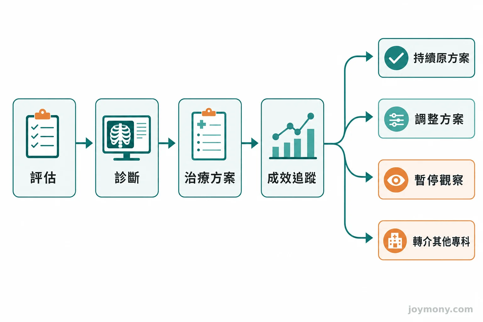 流程圖從評估、診斷、治療到追蹤，再分出持續、調整、暫停或轉介四種決定