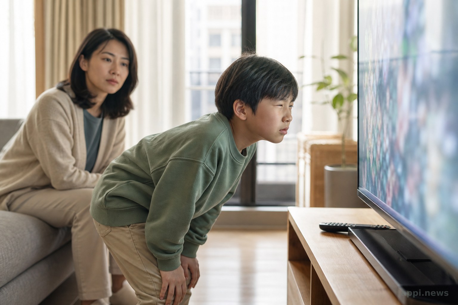 孩子瞇眼並靠近螢幕，家長在旁觀察用眼行為