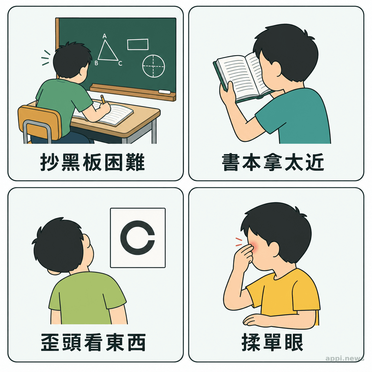 兒童看不清楚的四種生活線索：抄黑板困難、書本拿太近、歪頭與揉眼