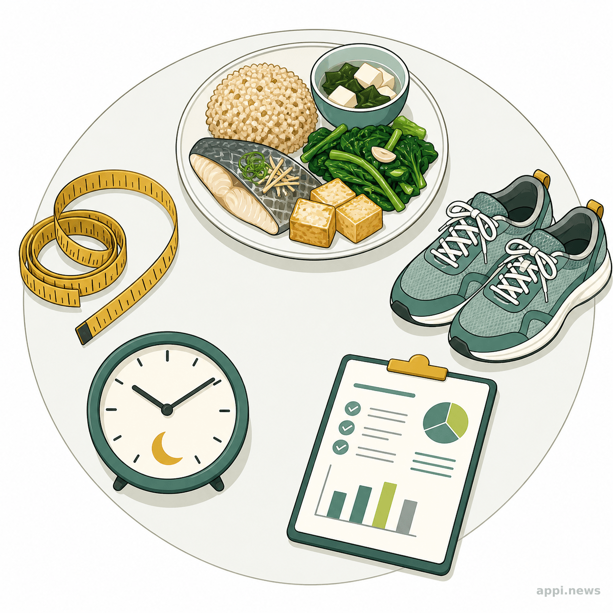 量腰圍、均衡飲食、活動、睡眠與健檢追蹤的生活調整示意圖